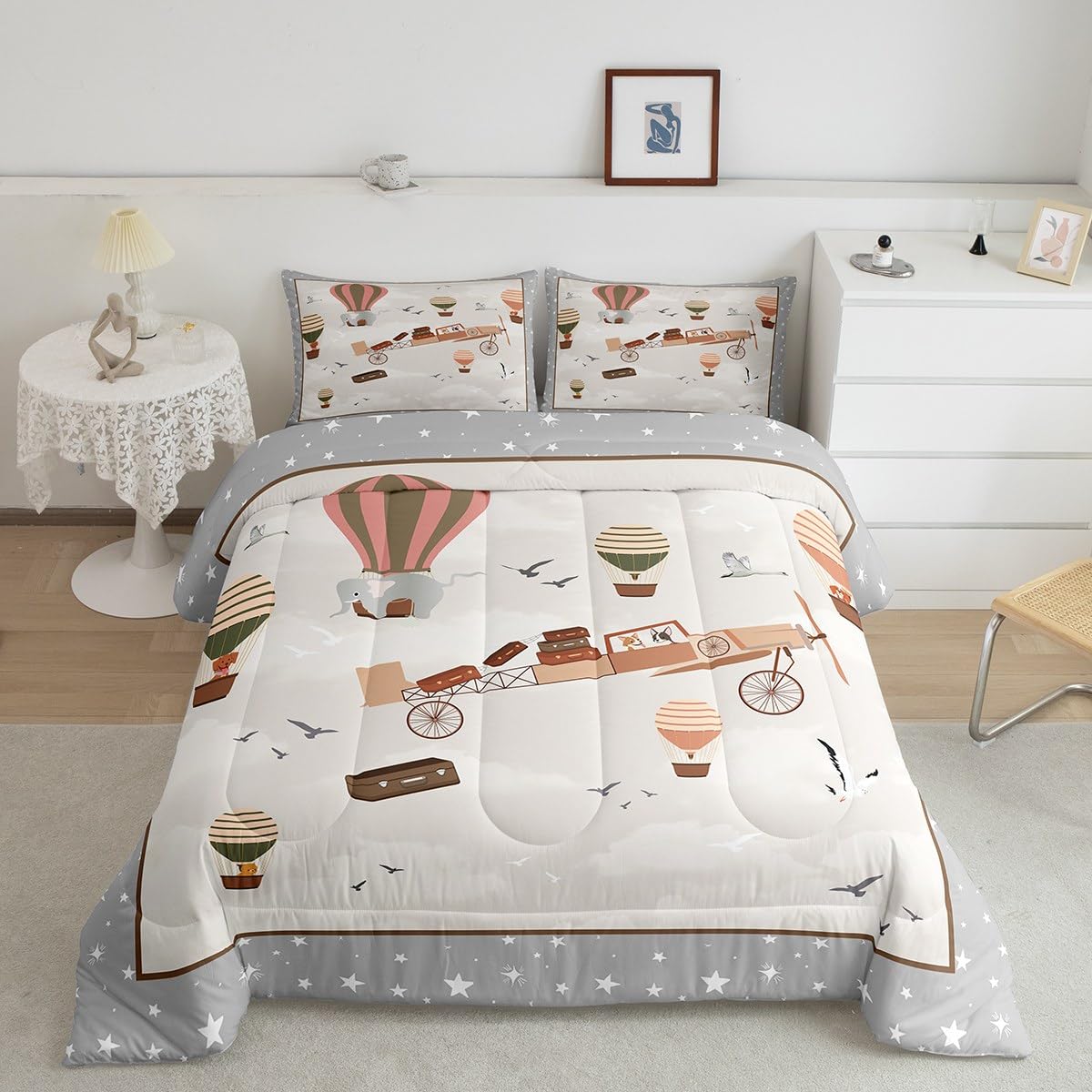 Manfei Cartoon Aircraft Kids Comforter Set Twin Size,Cute Airplane Hot Air Balloon Bedding Set For Boys Girls Adults,Cartoon Ele